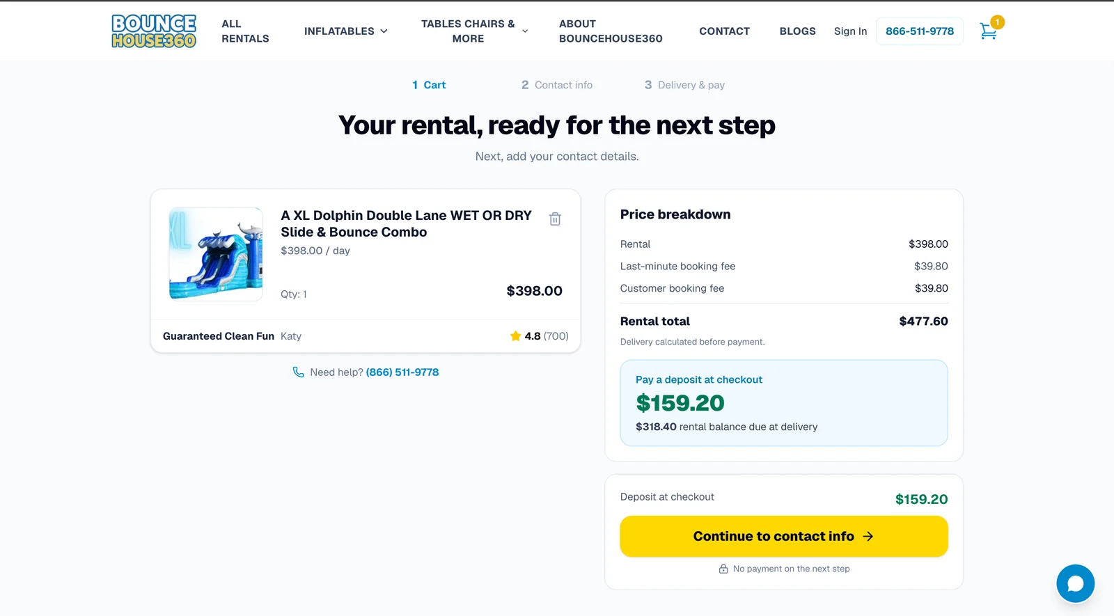 Checkout with price breakdown and partial-payment deposit