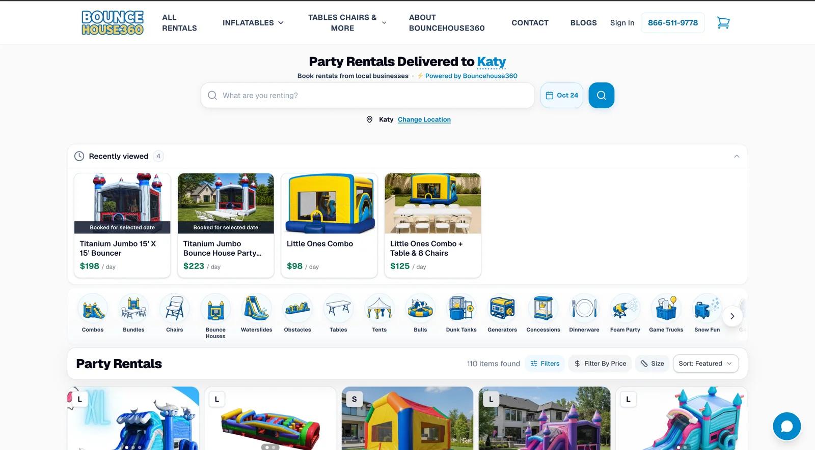 Bouncehouse360 marketplace: party rentals delivered to your city, with categories and listings