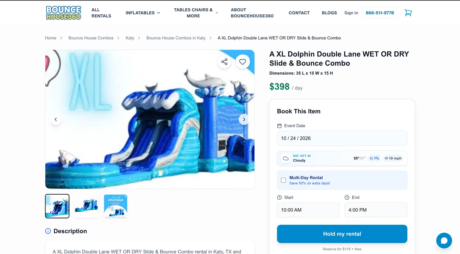Rental detail with event date, live weather and booking