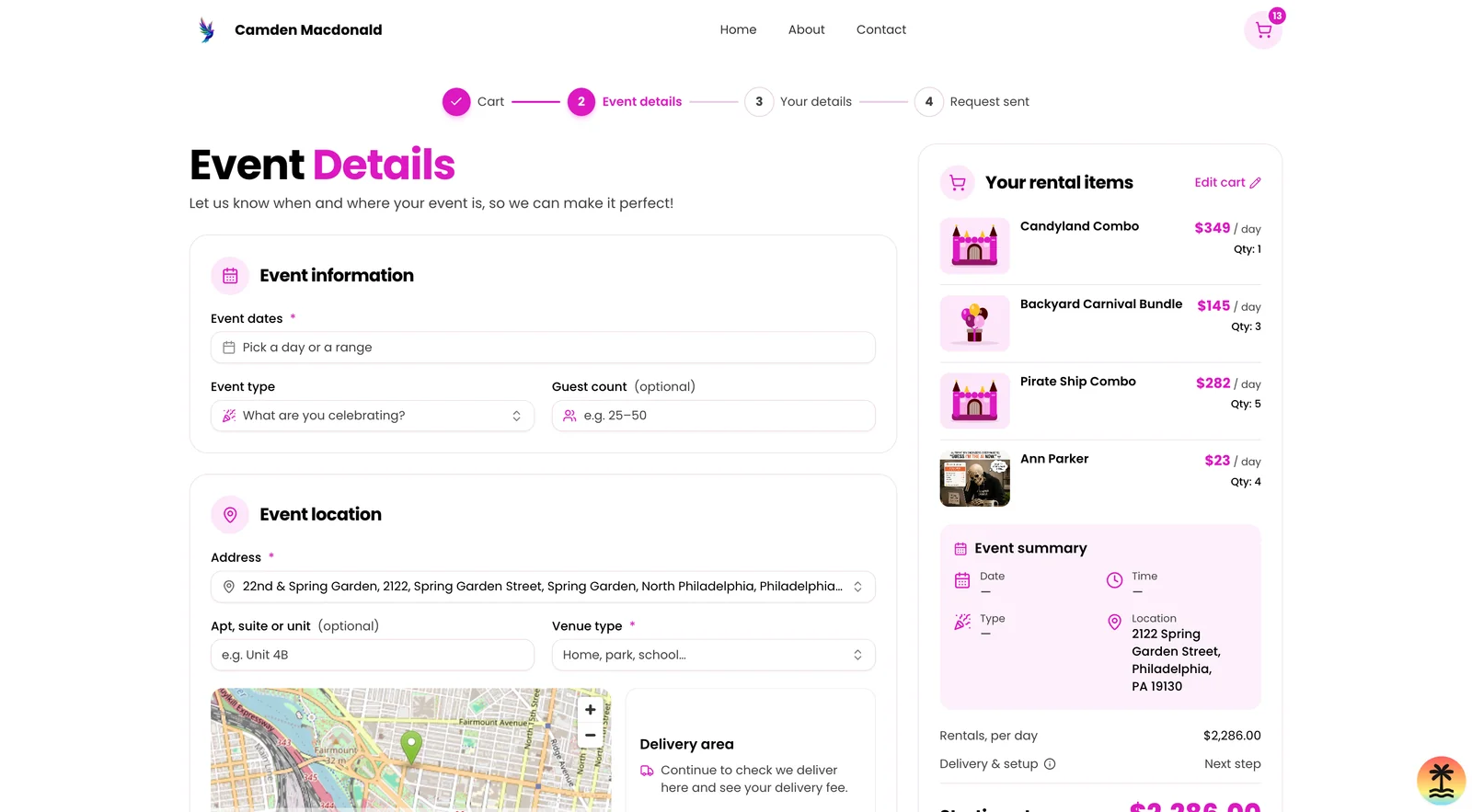 Storefront: event details and delivery location step