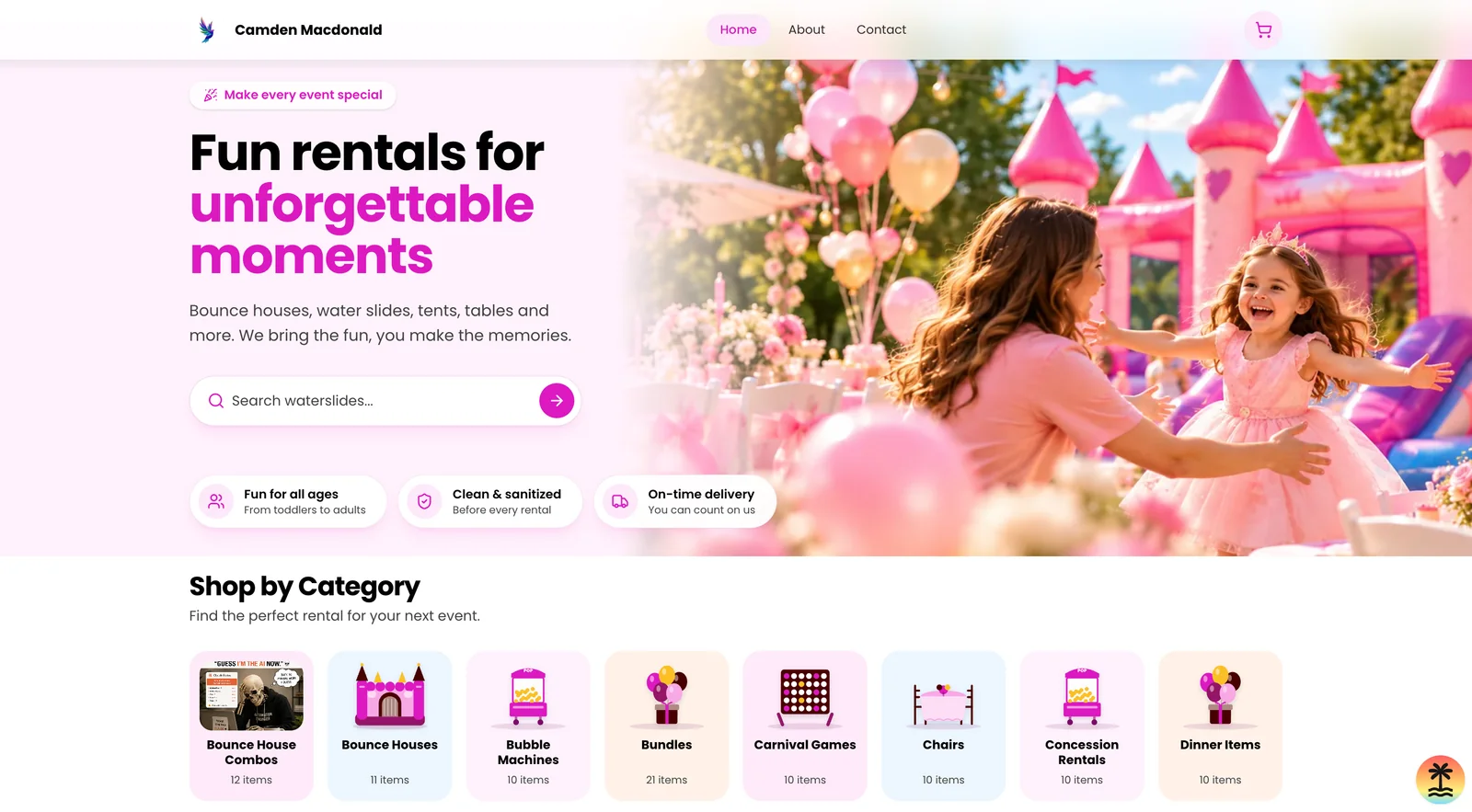 A vendor's Bouncely storefront: homepage with search and rental categories