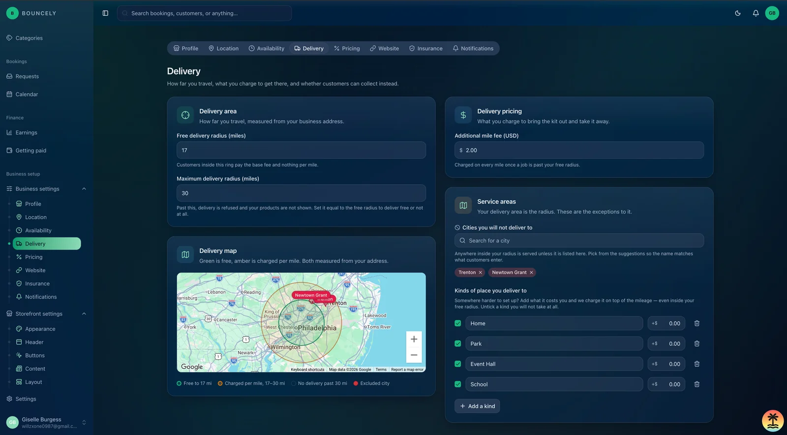 Vendor portal: delivery area and pricing on a map