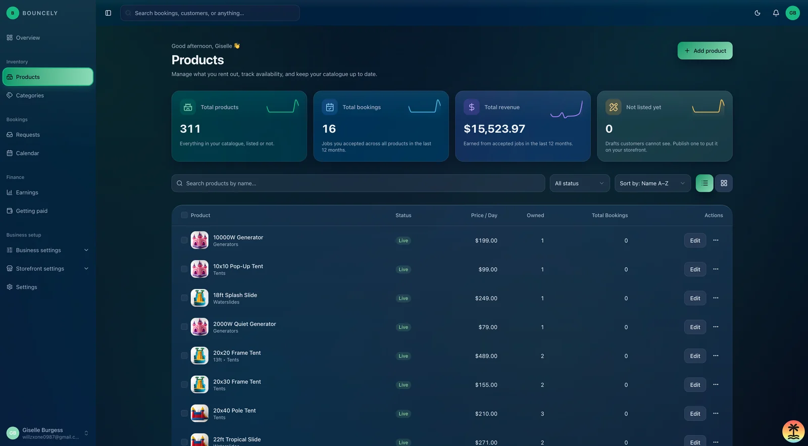 Vendor portal: product inventory with status, pricing and bookings