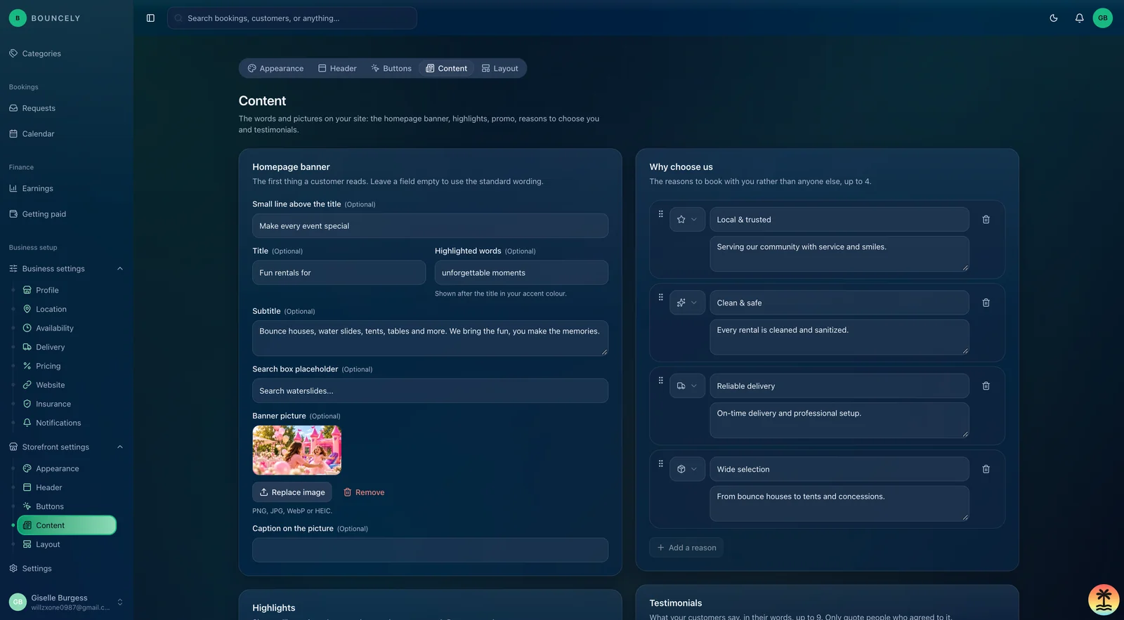 Vendor portal: storefront content editor