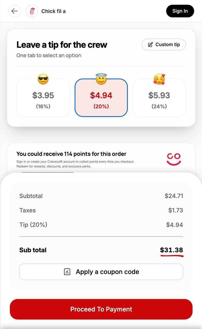 Customer app: tip and checkout