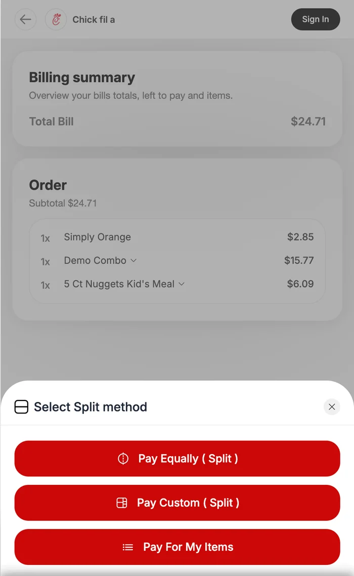 Customer app: choosing how to split the bill