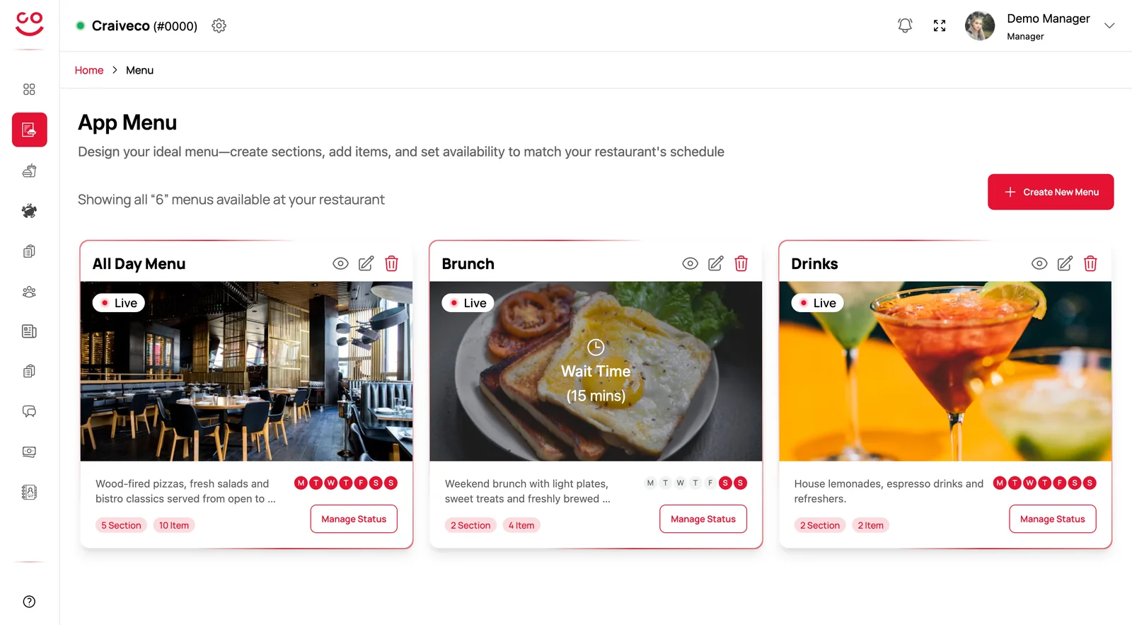 Craiveco restaurant app: app menu builder with breakfast, brunch and drinks menus