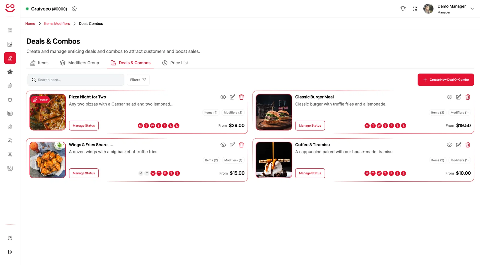 Restaurant app: deals and combos