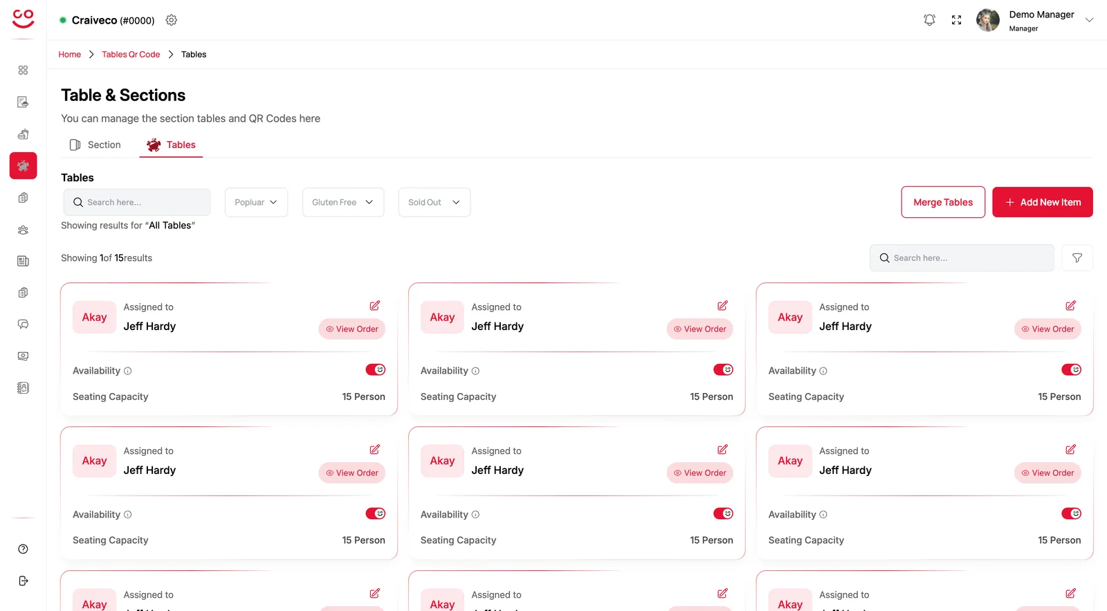 Restaurant app: tables and sections