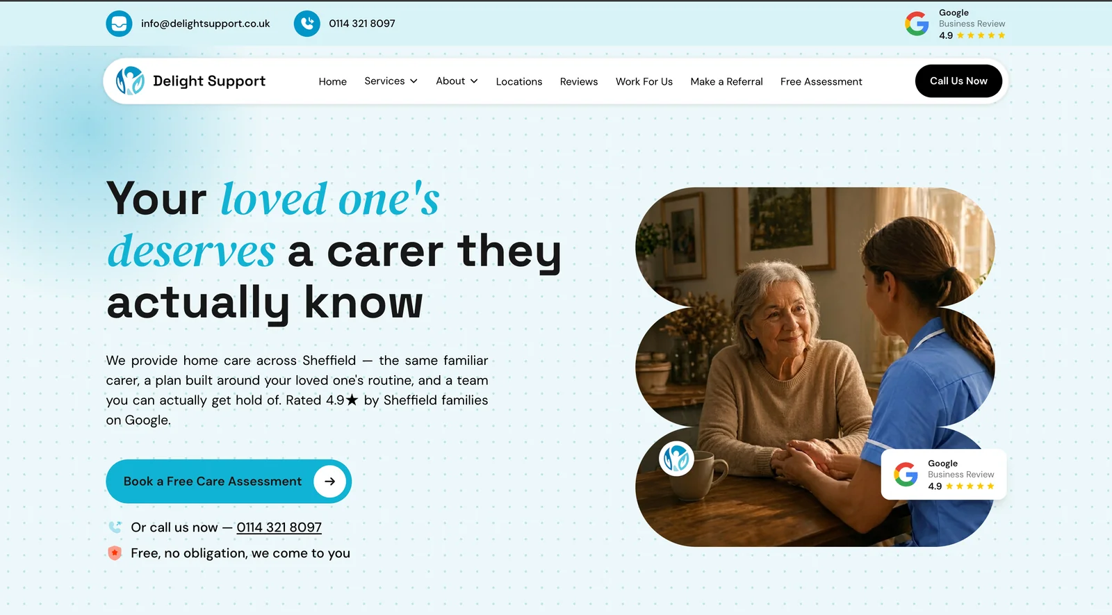 Delight Support homepage: home care across Sheffield, rated 4.9 on Google, with free care assessment booking