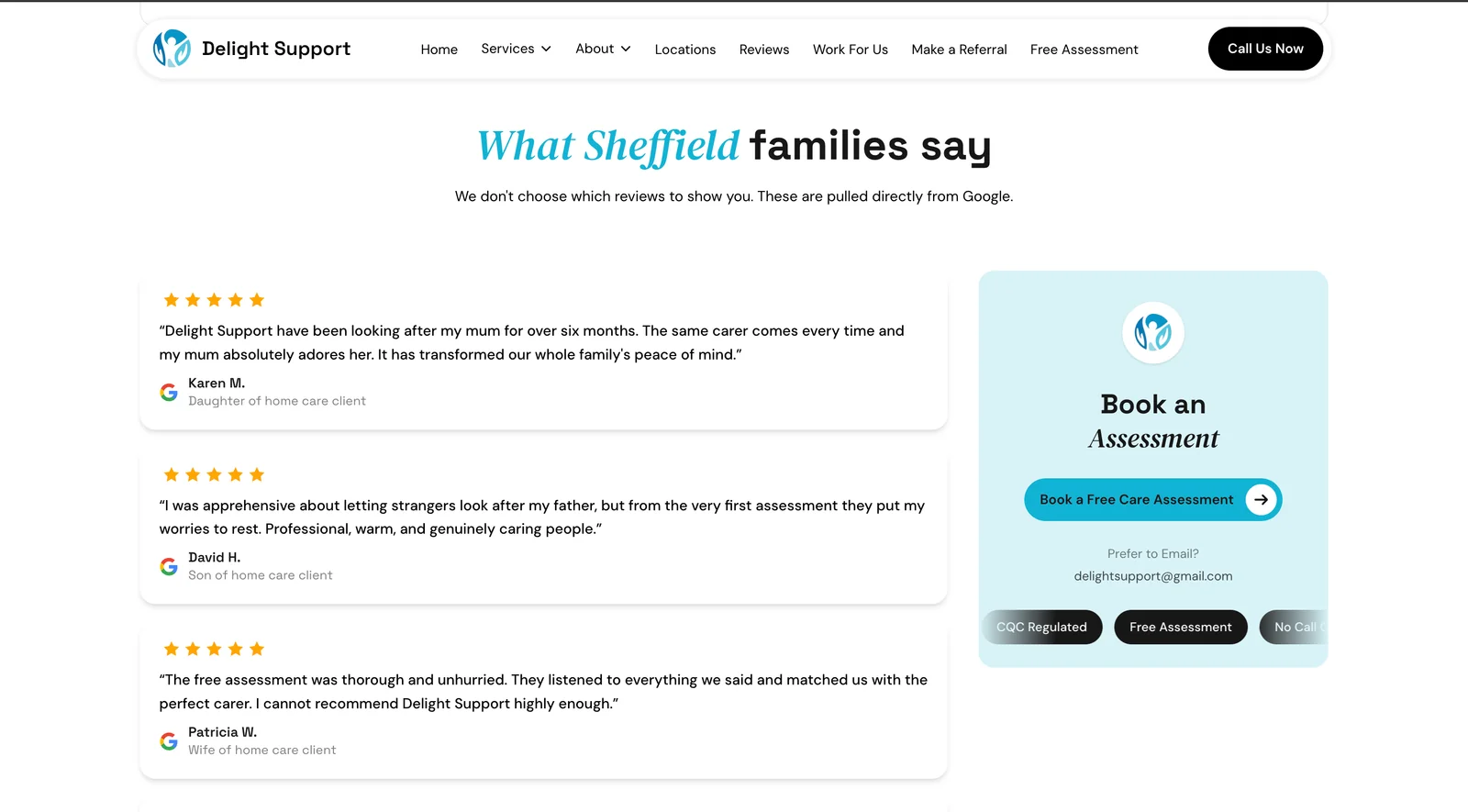 Google reviews from families, with a book-an-assessment panel