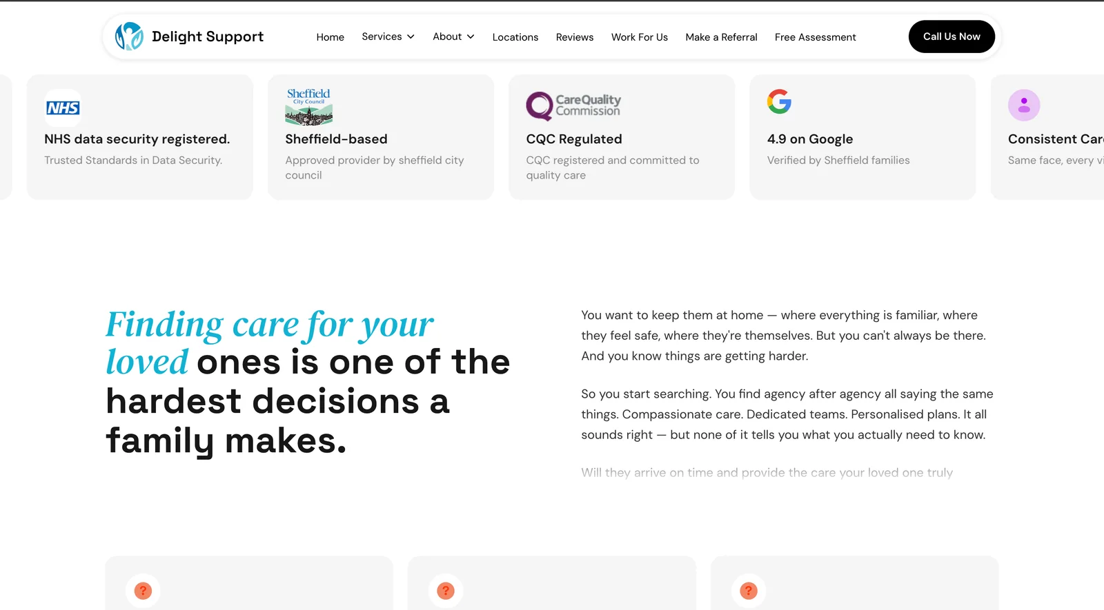 Trust signals: NHS data security, Sheffield council approval, CQC regulated, 4.9 on Google