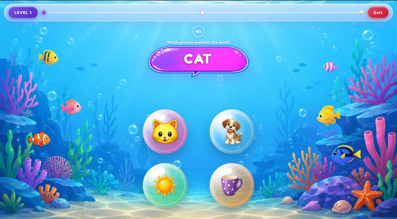 Ilmi Pro underwater picture-matching game: which picture matches the word CAT?
