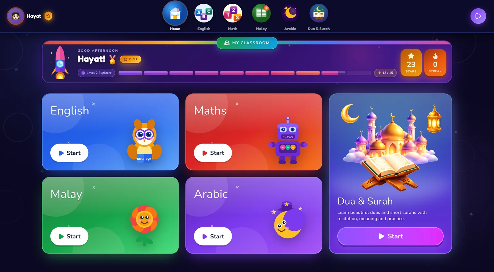 Ilmi Pro home: English, Maths, Malay, Arabic and Dua & Surah subjects with stars and streak