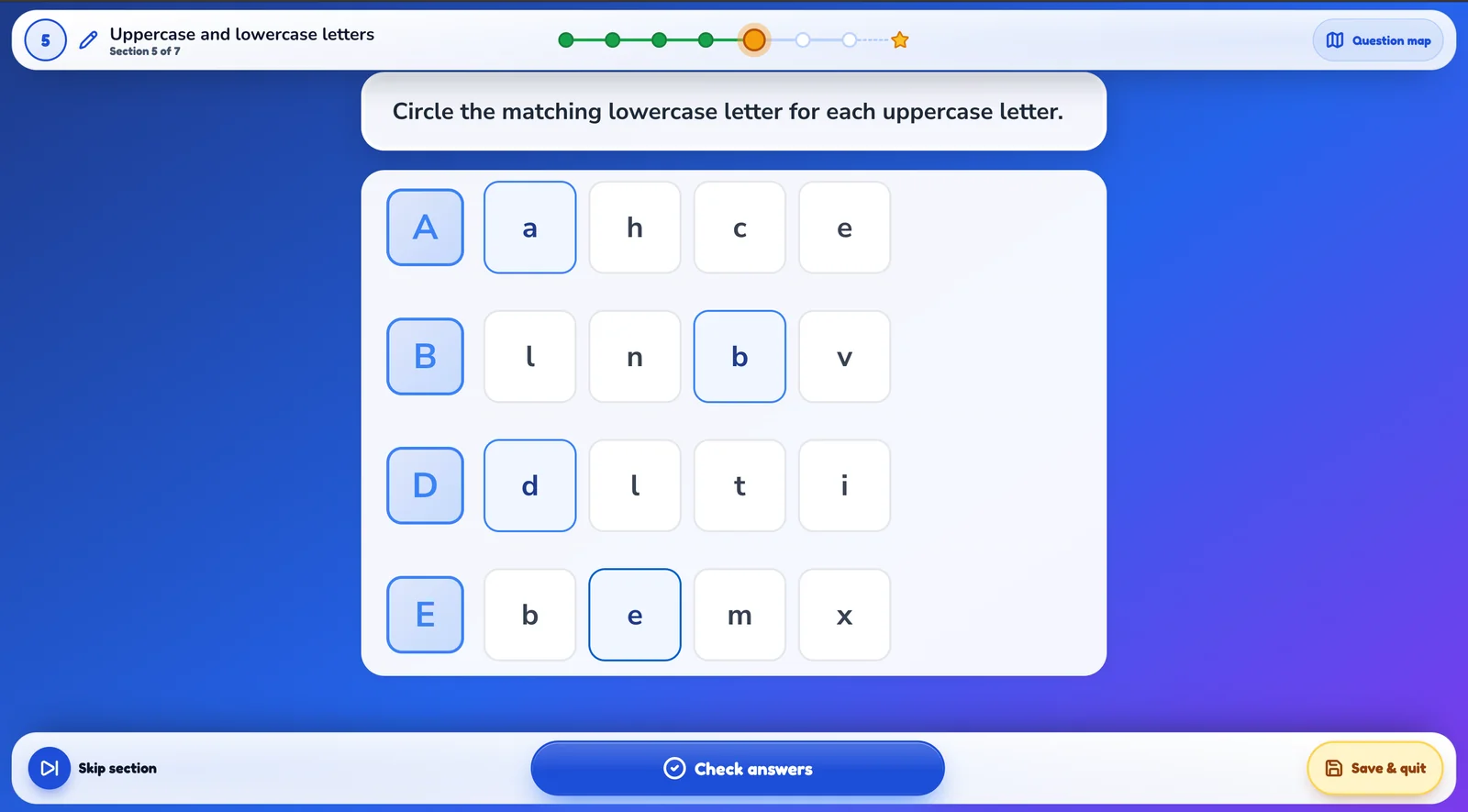 Quiz: match lowercase letters to uppercase
