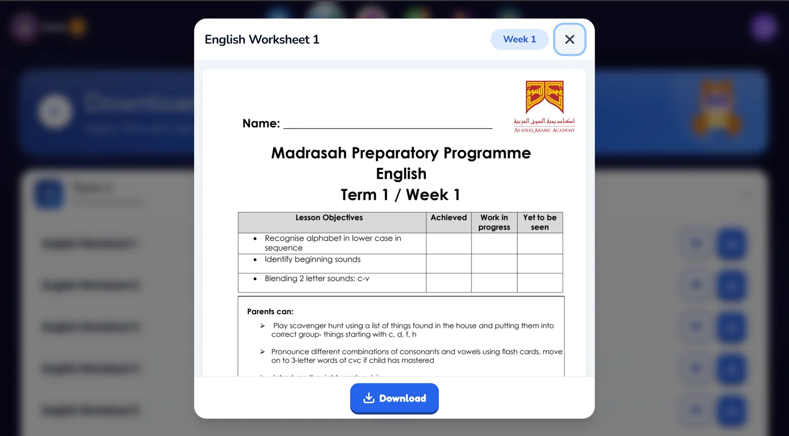 Printable weekly worksheet for parents