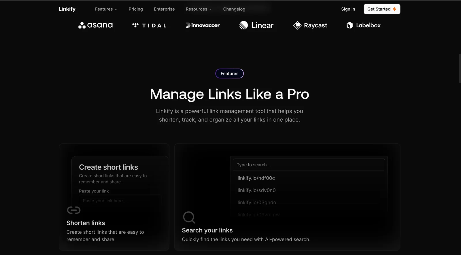 Features: create short links and search them with AI