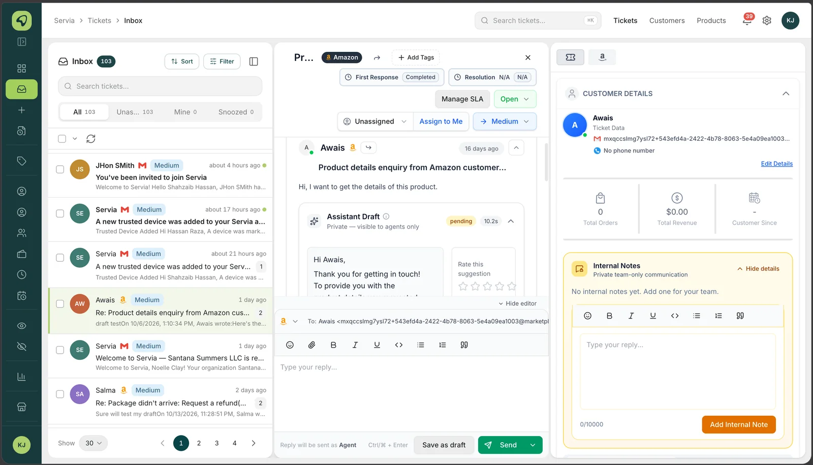 Servia inbox: an Amazon order ticket with an AI-drafted reply awaiting agent review