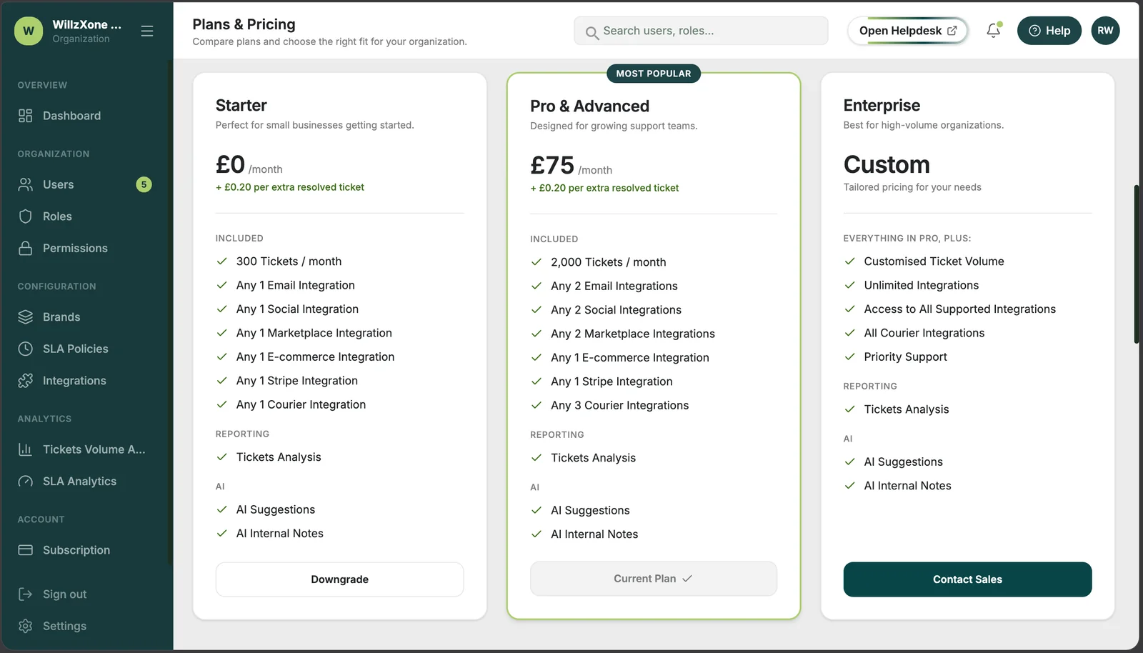 Organization admin: plans and pricing