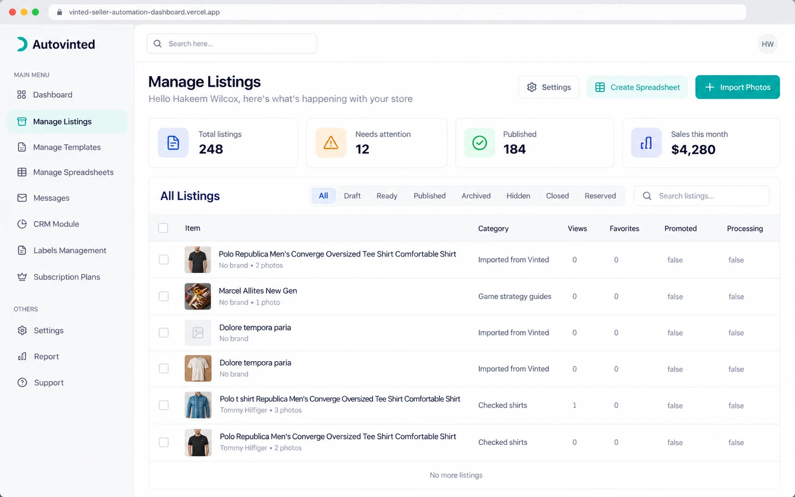 Autovinted dashboard: manage listings with totals, statuses and imported Vinted items